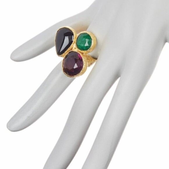 NEW Cocktail Ring 24K Gold Plated Onyx Amethyst Emerald Gem Cluster Adjustable - Picture 2 of 11